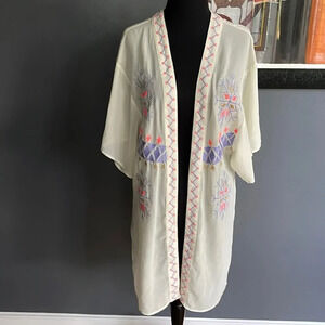 Love & Love ivory embroidered boho style open chiffon duster/kimono/coverup. Sm